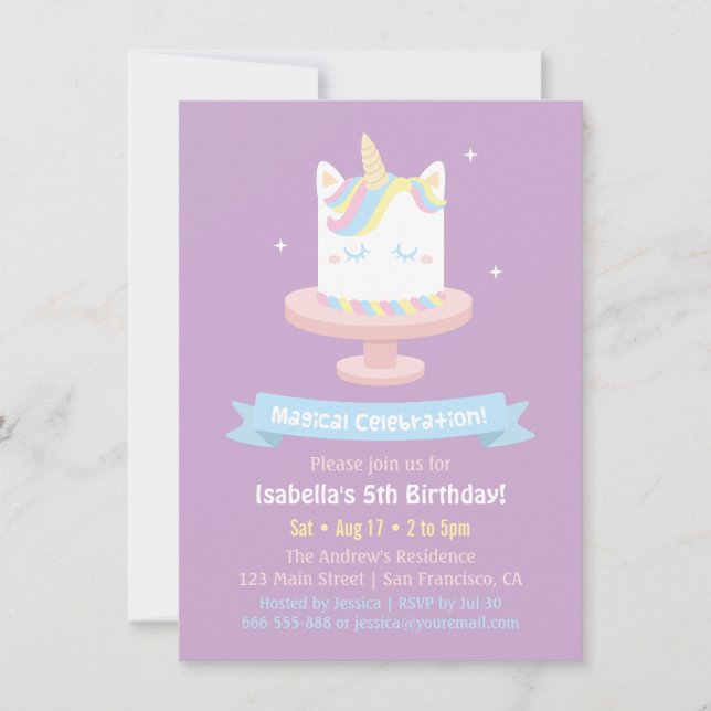 Convites de Aniversário de Meninas Bolo de Unicórn (Frente)
