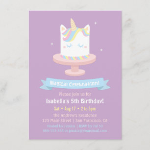 Convites de Aniversário de Meninas Bolo de Unicórn