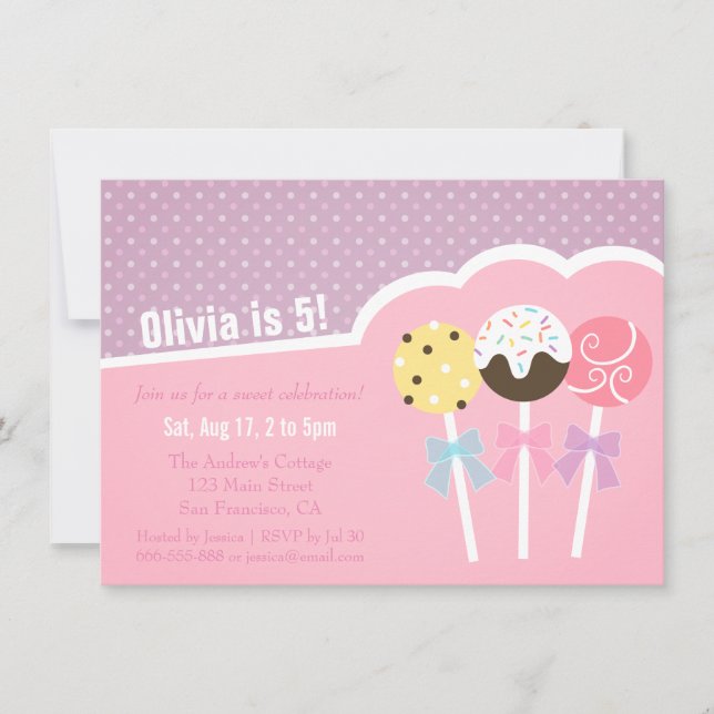 Convites de Aniversário de Meninas com Cake Pops F (Frente)