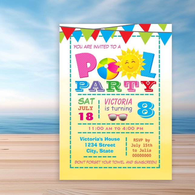 Convites de Aniversário de Meninas para Festa na P (Cute any number pool birthday party invitation. Simply add your event details.)