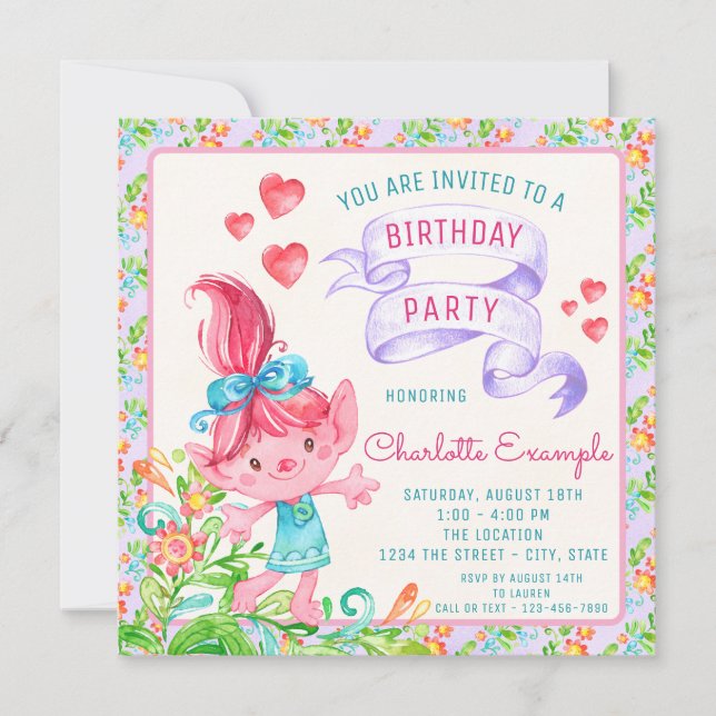 Convites de Aniversário de Meninas Troll (Frente)