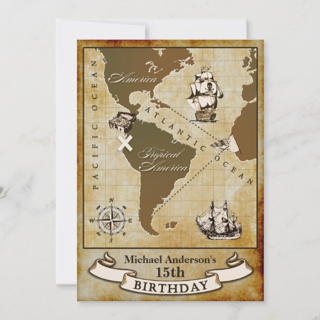 Convites de aniversário de Pirata do Vintage Map (Frente)