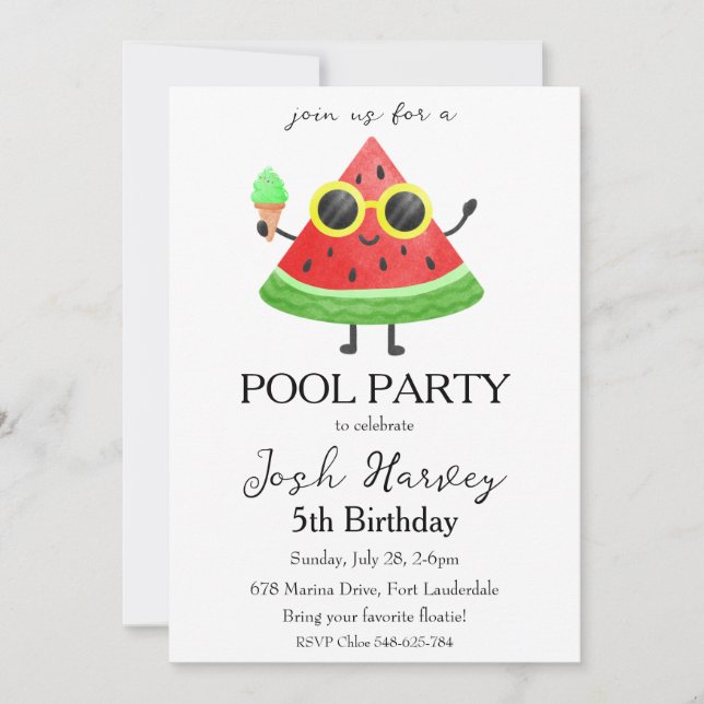 convites de aniversário de piscina de melancia (Frente)