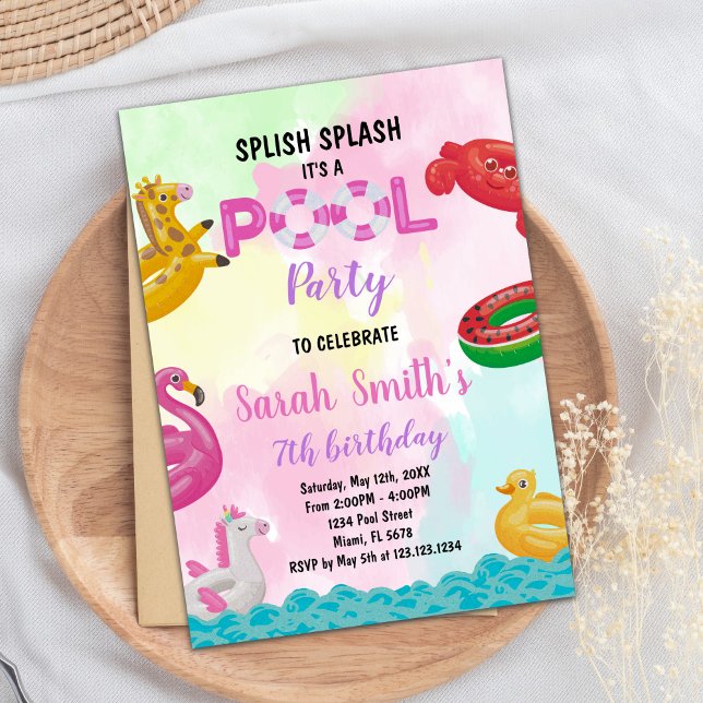 Convites de aniversário de Piscina rosa (Pink Pool Birthday Invitations)