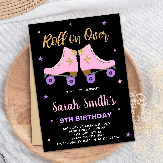 Convites de Aniversário de Pista Rosa Preta (Black Pink Glitter Skating Birthday Invitations)