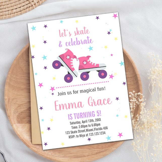Convites de Aniversário de Prato Púrpura a 5 (5th Pink Purple Skating Birthday Invitations)
