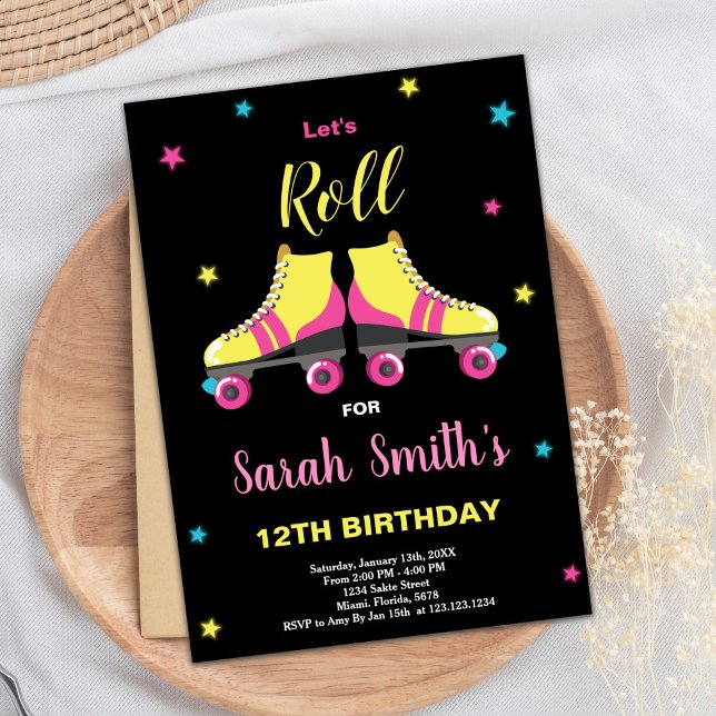 Convites de aniversário de preto rosa (Pink Black Roller birthday invitations)