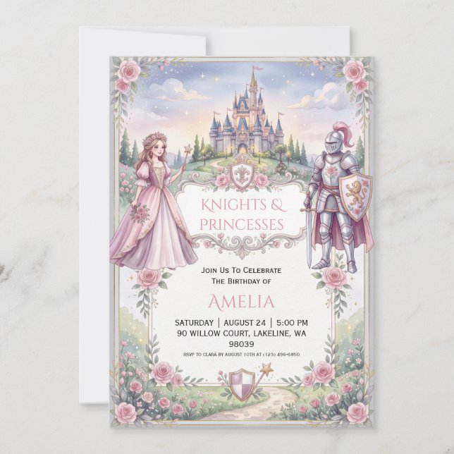 convites de aniversário de princesa e cavaleiro (Frente)