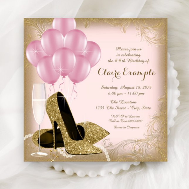 Convites de Aniversário de Saltos Altos Brilho Dou (Elegant pink and gold any number birthday and event invitation with gold shoes and balloons.)