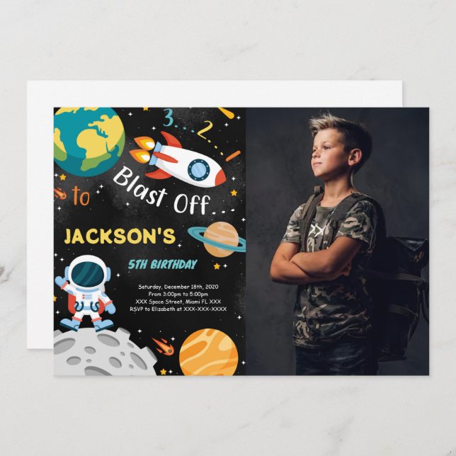 Convites de Aniversário de Space Boy Com Foto (Frente/Verso)