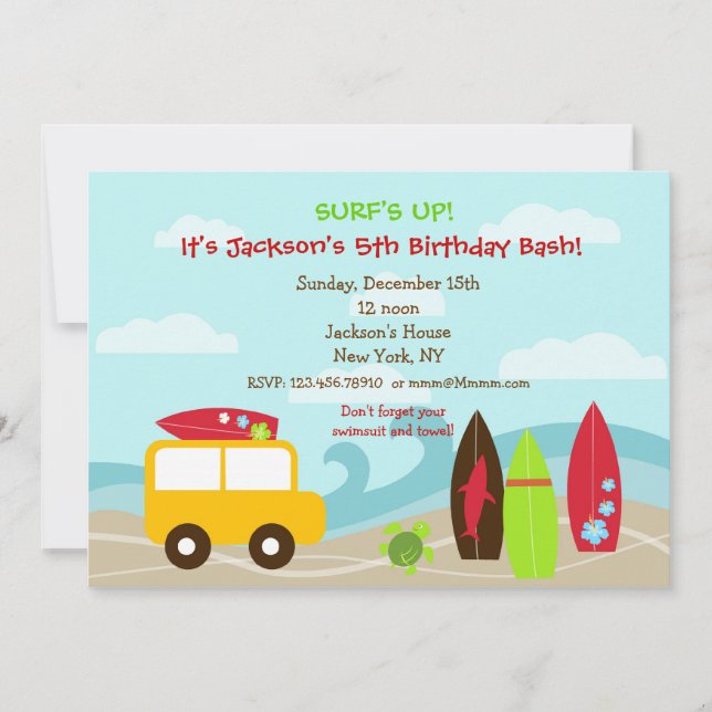 Convites de Aniversário de Surfista Surf (Frente)