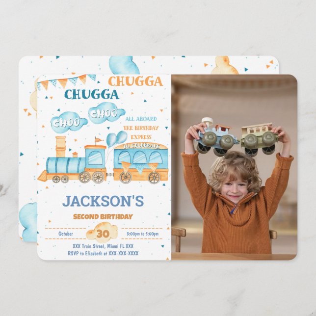 Convites de aniversário de trem editáveis com foto (Frente/Verso)