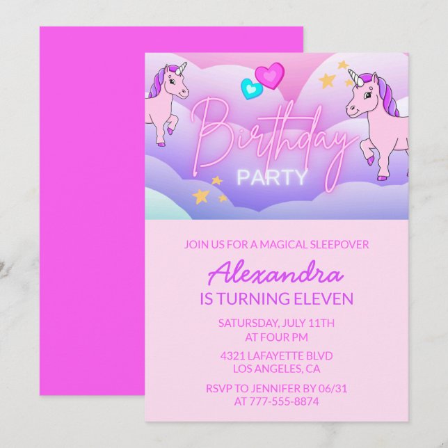 Convites de Aniversário de Unicórnio Arco-íris 11ª (Frente/Verso)