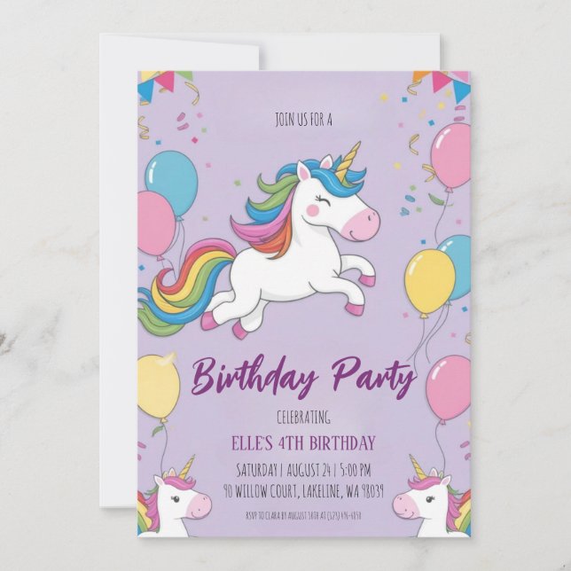 convites de aniversário de unicórnio roxo e fofo (Frente)