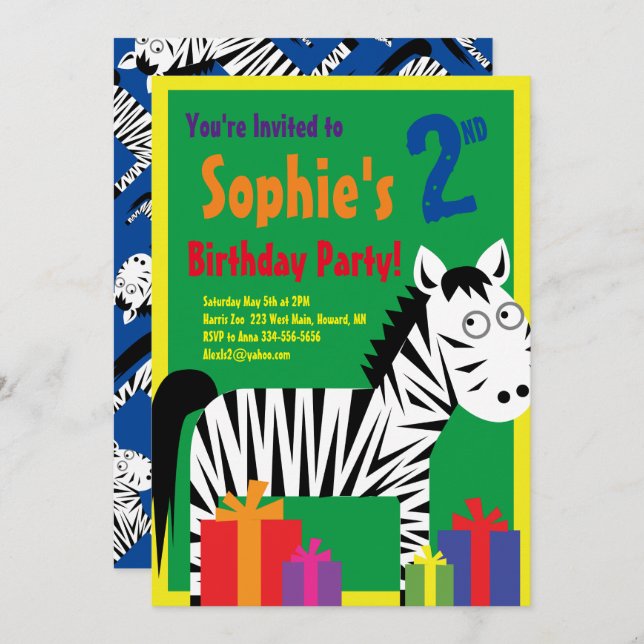 Convites de aniversário de Zebra Animal Kid (Frente/Verso)