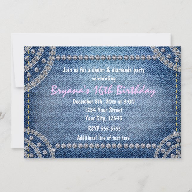 Convites de Aniversário Denim e Diamantes (Frente)