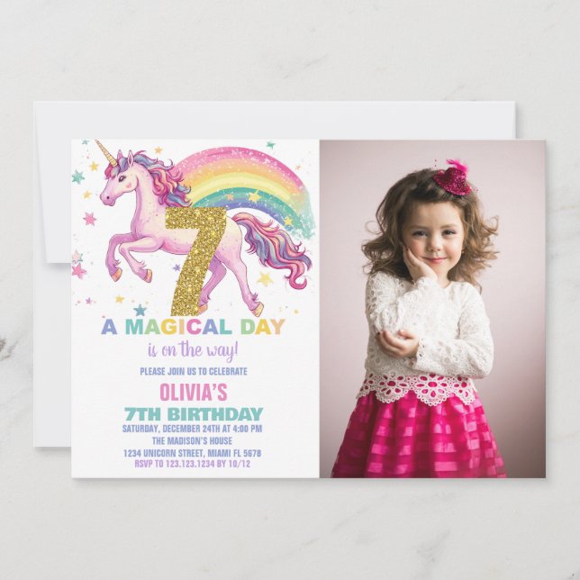 Convites de Aniversário do 7 Unicorn com imagem (Frente)