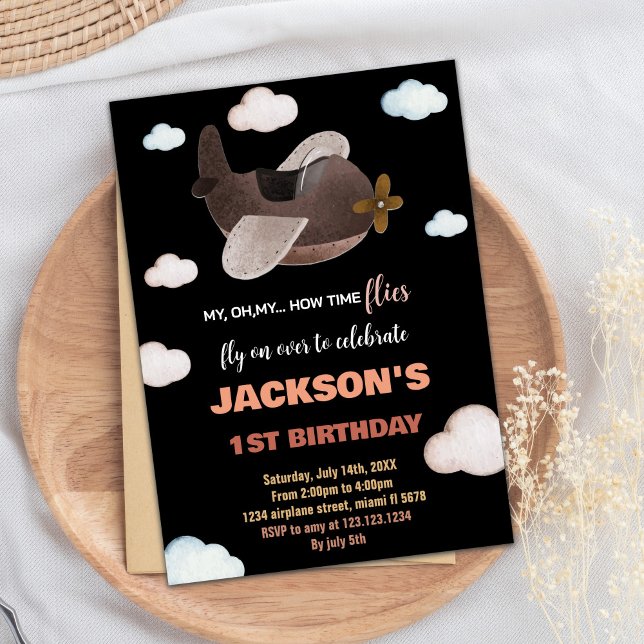 Convites de Aniversário do Avião Negro Blue Brown (Black Blue Brown Airplane Birthday Invitations)
