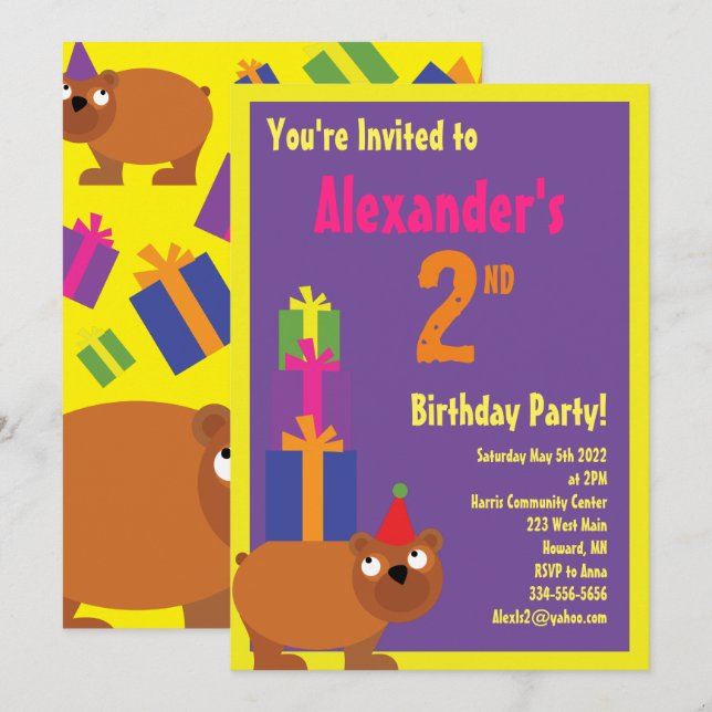 Convites de aniversário do Bear Animal Kid (Frente/Verso)