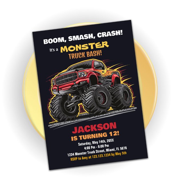 Convites de Aniversário do Caminhão Red Black Mons (Red Black Monster Truck Birthday Invitations)