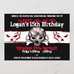 Convites de aniversário do crânio preto e vermel