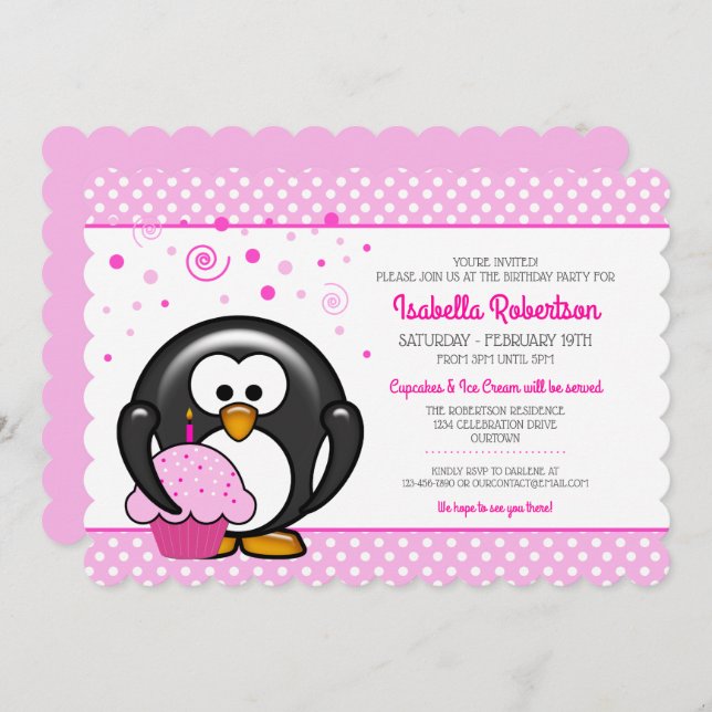 Convites de aniversário do Cupcake pinguim (Frente/Verso)