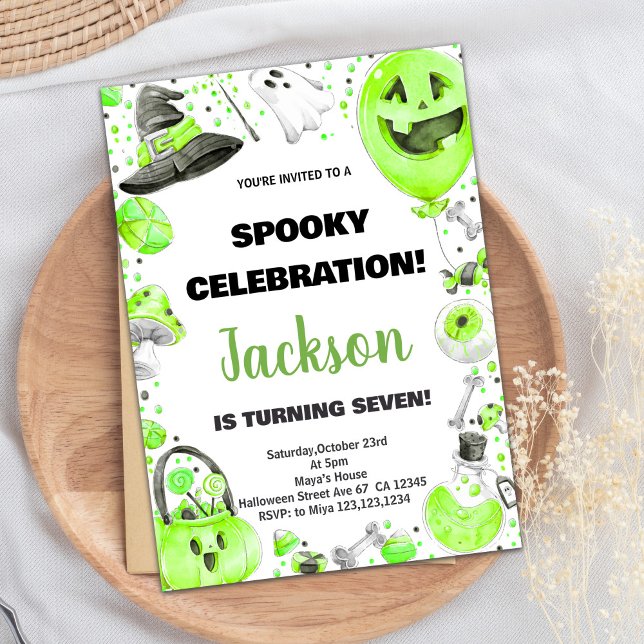 Convites de aniversário do Dia das Bruxas Verde (Green Halloween Birthday Invitations)