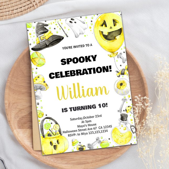 Convites de Aniversário do Dia Verde Amarelo (Yellow Green Halloween Birthday Invitations)