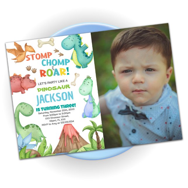 Convites de Aniversário do Dinossauro Marrom Verde (Green Brown Dinosaur Birthday Invitations w photo)