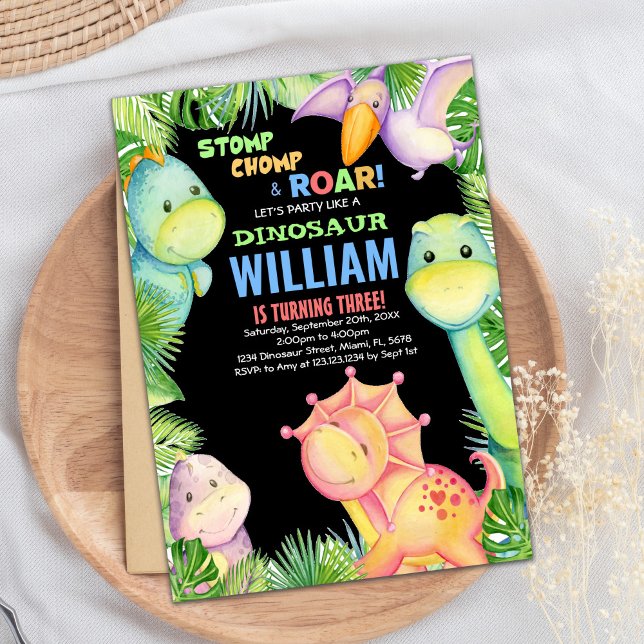 Convites de Aniversário do Dinossauro Negro Verde (Green Black Dinosaur Birthday Invitations)