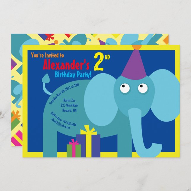 Convites de aniversário do Elefante Animal Kid (Frente/Verso)