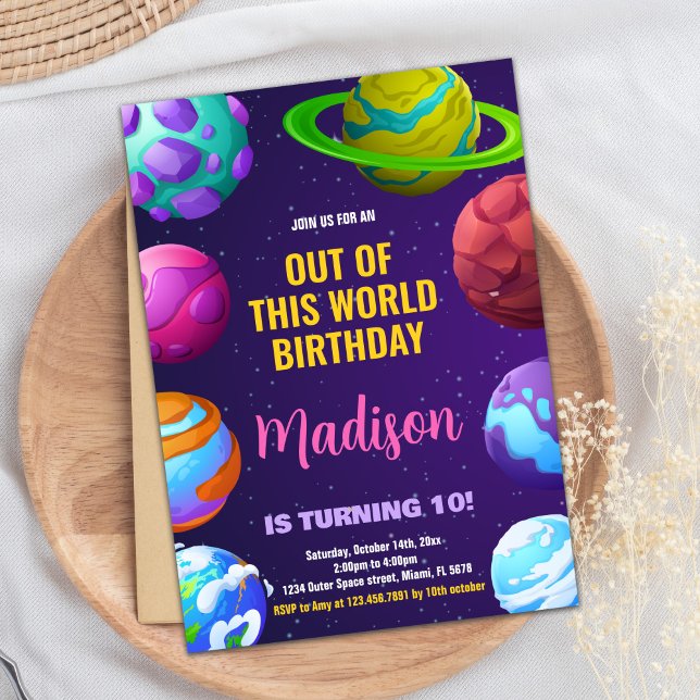 Convites de Aniversário do Espaço Exterior Amarelo (Pink Yellow Outer Space Birthday Invitations)