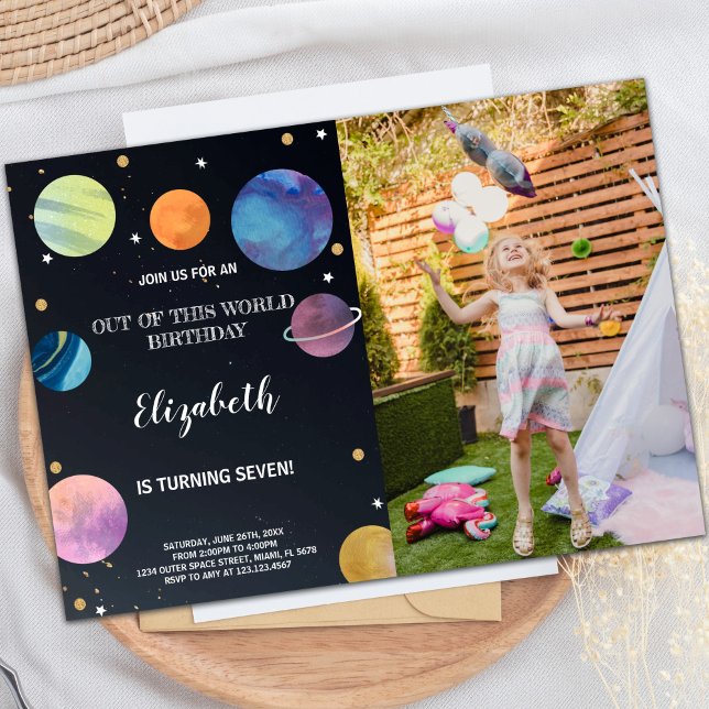 Convites de Aniversário do Espaço Exterior Negro c (Black Outer Space Birthday Invitations with photo)