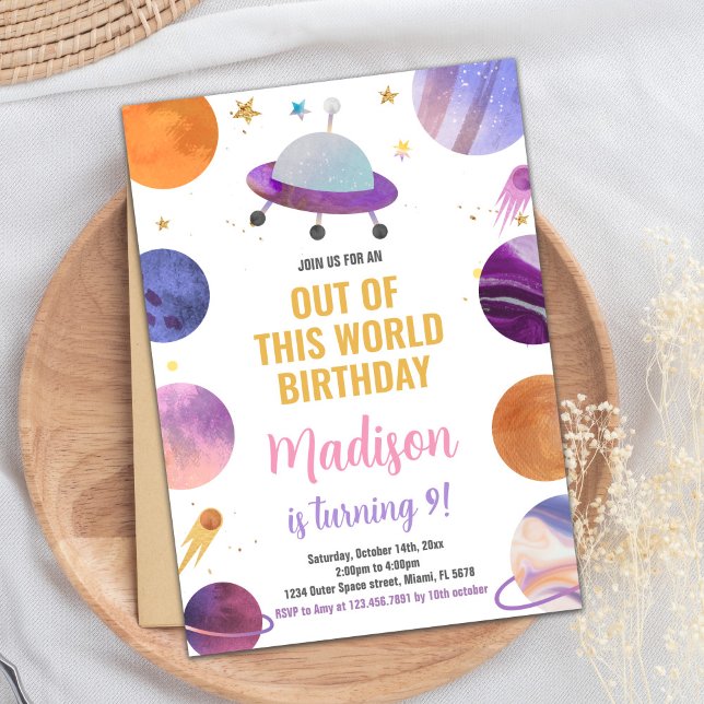 Convites de Aniversário do Espaço Exterior Rosa (Pink Outer Space Birthday Invitations)