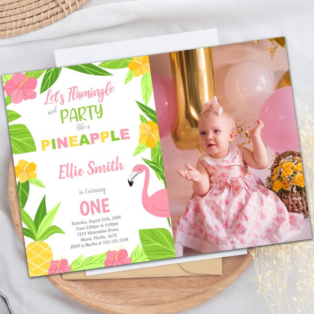 Convites de Aniversário do Flamingo Pineapple com  (Flamingo & Pineapple Birthday Invitations w photo)