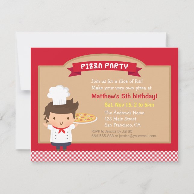 Convites de Aniversário do Garoto Chef de Pizza Fo (Frente)