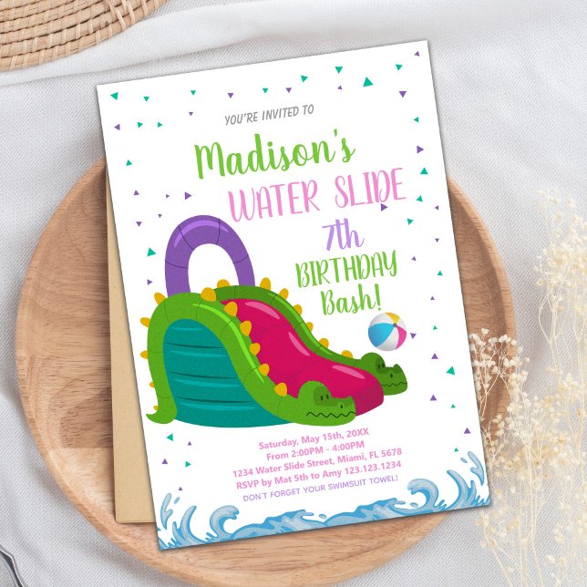 Convites de Aniversário do Green Pink Water Slide (Green Pink Water Slide Birthday Invitations)