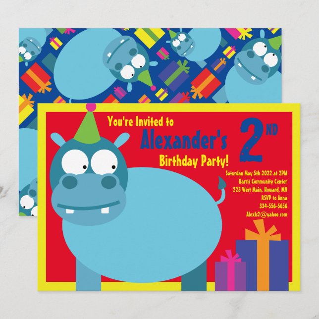 Convites de aniversário do Hippo Animal Kid (Frente/Verso)