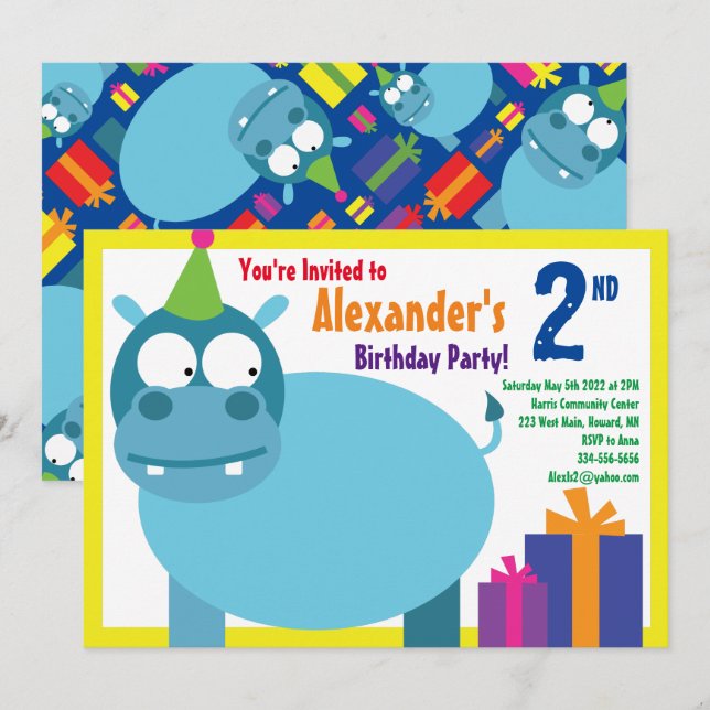 Convites de aniversário do Hippo Animal Kid (Frente/Verso)