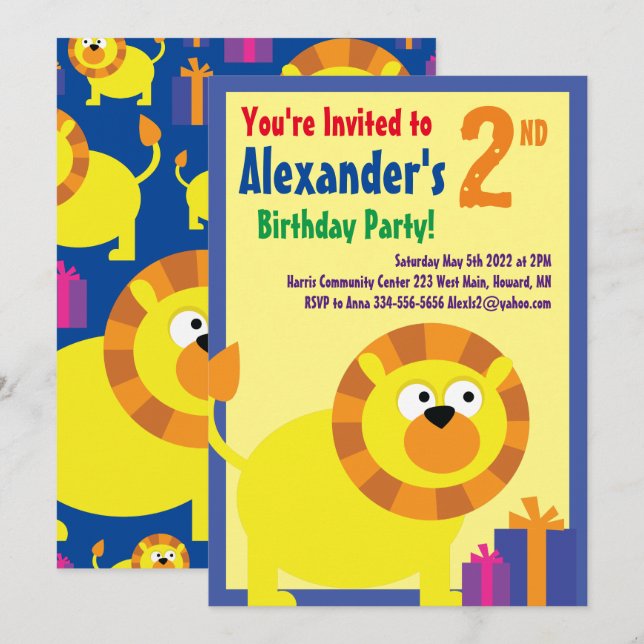 Convites de aniversário do Lion Animal Kid (Frente/Verso)
