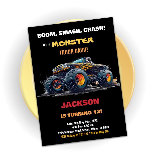 Convites de Aniversário do Monstro Negro Amarelo (Yellow Monster Truck Birthday Invitations)