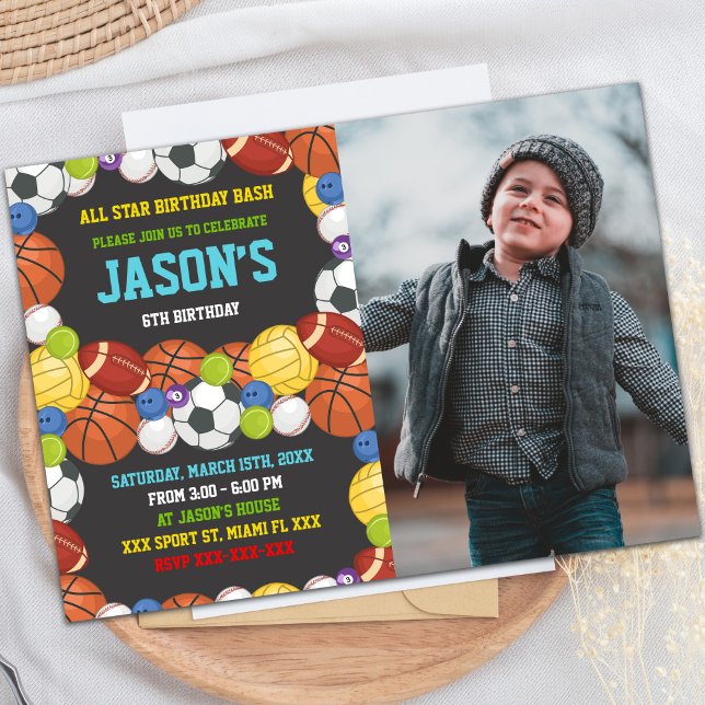 Convites de Aniversário do Partido Esportivo com F (Sports Party Birthday Invitations with photo)