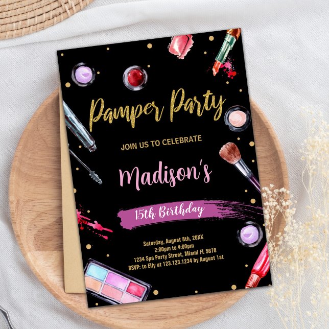 Convites de Aniversário do Partido Pamper Preto Ro (Pink Black Pamper Party Birthday Invitations)