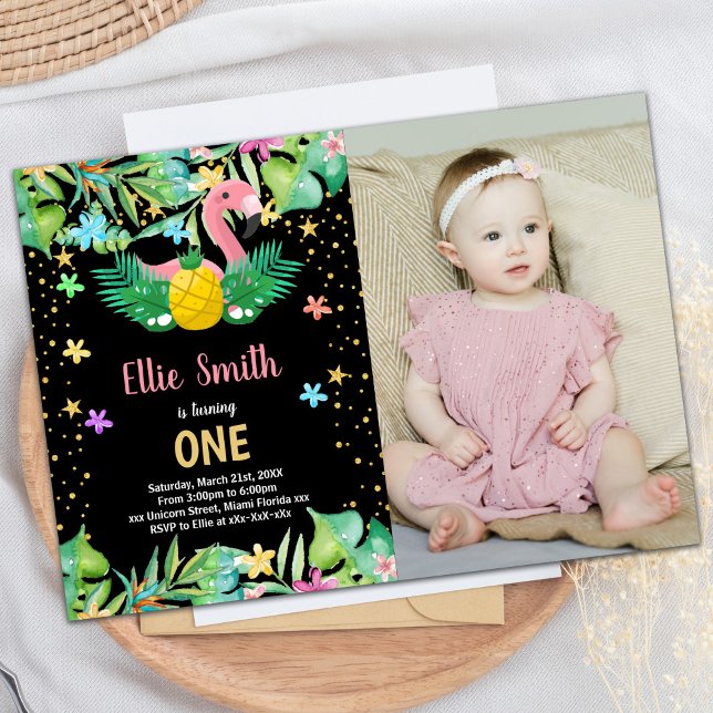 Convites de Aniversário do PhotoBlack Pineapple Fl (PhotoBlack Pineapple Flamingo Birthday Invitations)