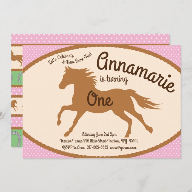 Convites de Aniversário do Pôneo de Cavalo de Cowg (Frente/Verso)