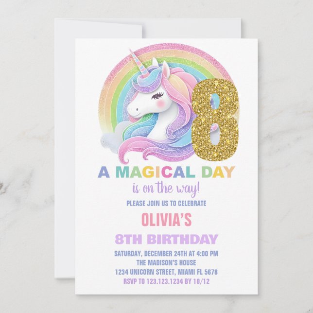 Convites de Aniversário do Rainbow Glitter Unicorn (Frente)