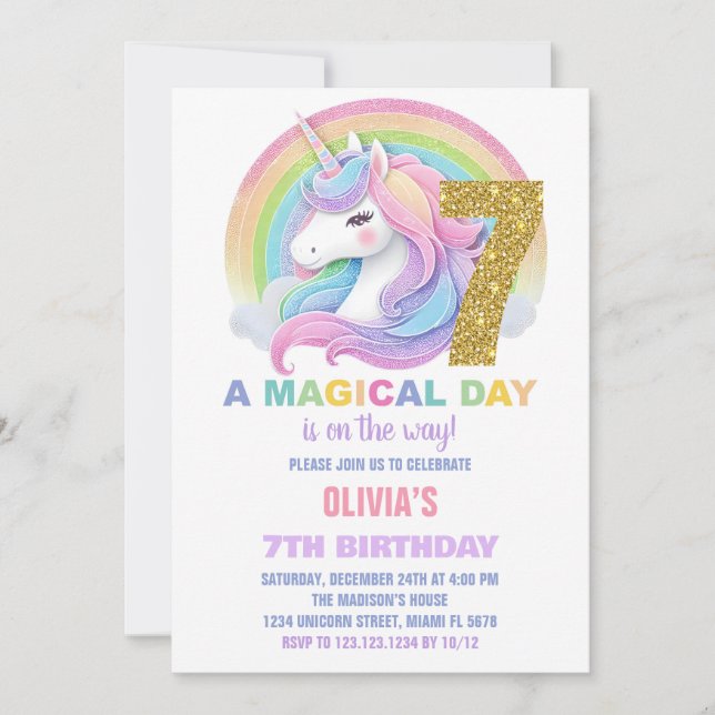 Convites de Aniversário do Rainbow Glitter Unicorn (Frente)