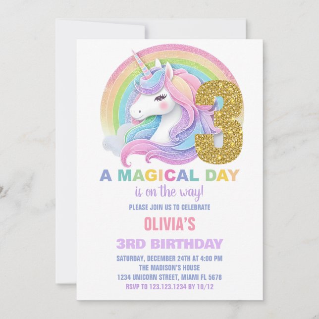 Convites de Aniversário do Rainbow Glitter Unicorn (Frente)