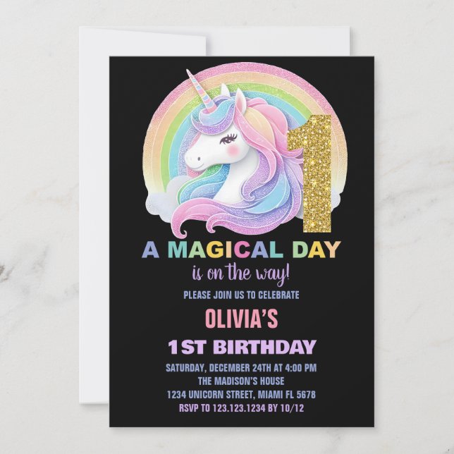 Convites de Aniversário do Rainbow Glitter Unicorn (Frente)