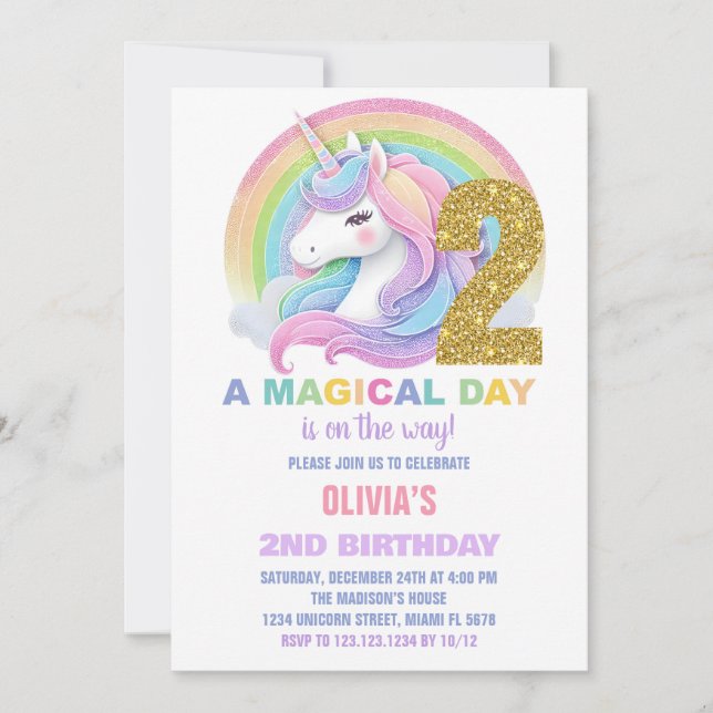 Convites de Aniversário do Rainbow Glitter Unicorn (Frente)